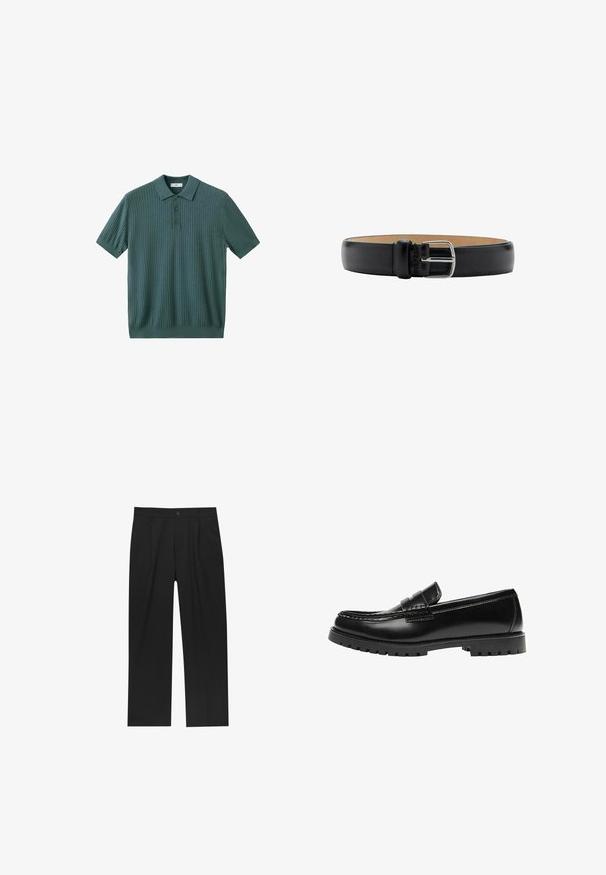Polo en maille côtelée vert forêt à manches courtes avec trois boutons et un col, posé à plat sur un fond blanc.; Pantalons noirs au design droit, fabriqués à partir d'un tissu lisse. Dotés de plis sur le devant et d'une fermeture à un bouton à la taille.; Mocassin en cuir noir avec une semelle en caoutchouc épaisse et un détail classique de bride à monnaie, vu de côté extérieur.; Ceinture en cuir noir avec une boucle en métal argenté brillant, présentant une texture lisse et un design minimaliste. L'intérieur est beige.