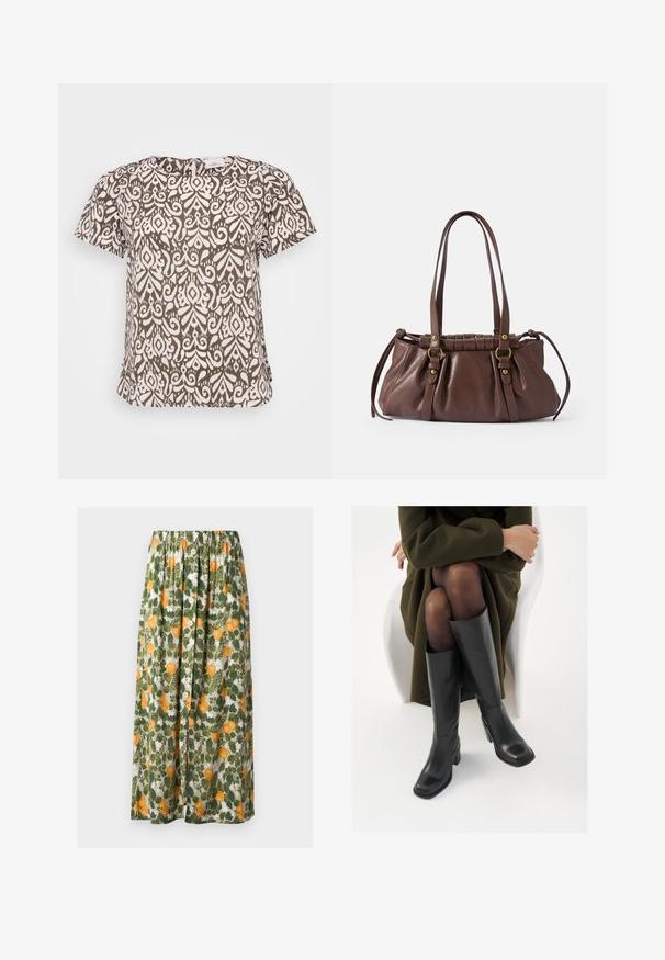 Brun og hvid mønstret t-shirt med korte ærmer og rund halsudskæring, lavet af et tekstureret stof. Bemærkelsesværdigt blomstermønster.; Midi-nederdel med gul og hvid blomstret print, grønne blade, elastisk talje og centrale knapdetaljer foran.; Knæhøje sorte læder støvler med firkantet tå og blokhæl, vist med en model siddende i en olivengrøn frakke. Glat tekstur, minimal detaljer.; Brun læderhåndtaske med to lange håndtag, samlet design, aksenter i guldtonet metal og en tekstureret overflade.