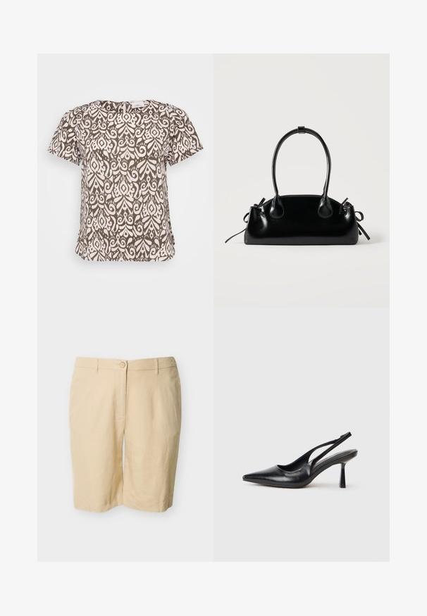 Braun- und weiß gemustertes Kurzarmoberteil mit Rundhalsausschnitt und seitlichen Schlitzen, aus einem strukturierten Stoff. Auffälliges Blumenmuster.; Beige, knielange, maßgeschneiderte Shorts mit Knopfverschluss, Gürtelschlaufen und flachem Vorderteil vor einfarbigem Hintergrund.; Schwarzer Leder Slingback High Heel Schuh mit spitzer Zehenpartie und schmalem Absatz auf einem weißen Hintergrund.; Kleine schwarze glänzende Handtasche mit zwei langen Griffen und seitlichen Kordelzug-Details vor einfachem hellem Hintergrund.