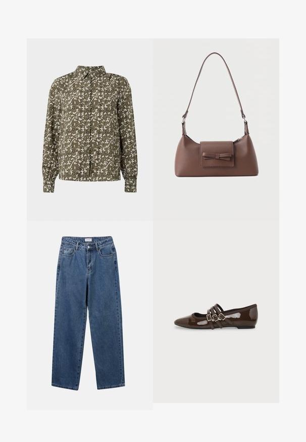 Groen gemusterde overhemd met lange mouwen, met een bloemenpatroon in het wit en subtiele details in de textuur van de stof.; Klassieke blauwe denim jeans met een rechte pijp, vijf zakken en een knoopsluiting. Heeft een middelgrote wasbeurt en stevige textuur.; Bruine lakleren platte schoen met puntige neus en drie verstelbare gespen aan de zijkant, gezien vanaf de buitenkant.; Bruine leren schoudertas met een voorvak met klep en een gestikte strikdetail en een verstelbare band.