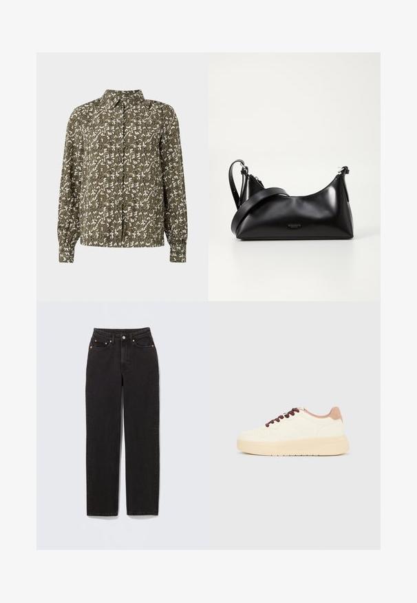 Vihreä kuviollinen nappikauluspaita pitkillä hihoilla, jossa on valkoinen kukkakuosi ja hienovaraista yksityiskohtaa kankaan tekstuurissa.; Mustat denimmekot, joissa suora lahkeen leikkaus, kuparinväriset metalliosat, klassinen viiden taskun muotoilu ja sileä pinta.; Matala-beige tennari, jossa paksu pohja, rei'itetty kärki, vaaleanpunainen kantakaulus ja tummanruskeat nauhat, yksinkertaisella vaaleanharmaalla taustalla.; Mustat nahkakäsilaukku, jossa on sileä pinta. Varustettu säädettävällä hihnalla ja tyylikkäällä, minimalistisella muotoilulla, jossa on vetoketjukiinnitys.