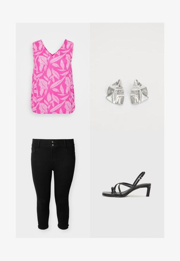 Roze mouwloos topje met een V-hals, voorzien van een wit bladpatroon en een losse pasvorm. Gemaakt van lichtgewicht stof met een gladde textuur.; Zwarte cropped skinny jeans met dubbele knoop- en ritssluiting, voor- en achterzakken, getoond op een witte achtergrond.; Zwarte sandaal met bandjes, vierkante teen en een lage blokhak. Voorzien van meerdere dunne bandjes en een verstelbare enkelband. Gemaakt van zacht leer.; Zilveren metalen oorbellen met een golvend, sculpturaal ontwerp, voorzien van een gepolijste afwerking en onregelmatige vormen, die een hedendaagse esthetiek benadrukken.