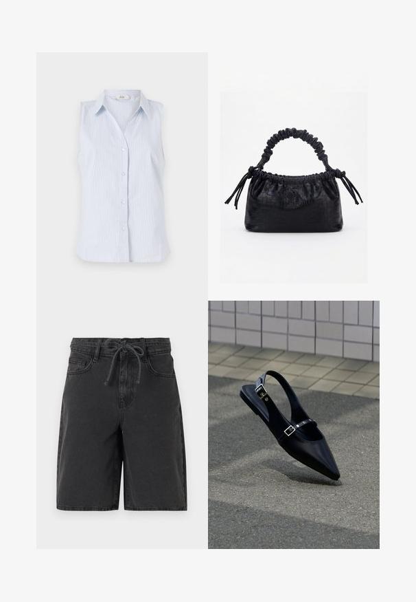 Ärmelloses Hemd in Blau und Weiß mit Streifen, Kragen, Knopfverschluss und geradem Saum. Hergestellt aus leichtem Stoff.; Schwarze Jeansshorts mit Gürtelschlaufen, Fronttaschen und einem gebundenen Kordelzug in der Taille, dargestellt vor einem schlichten Hintergrund.; Schwarzer Slingback-Flachschuh mit spitz zulaufender Spitze und doppelten Schnallenriemen, ruhend auf grauem Asphalt nahe einer gefliesten Wand.; Schwarze Handtasche mit Krokodilstruktur, gerafftem oberen Rand, zusammengezogenem Griff und Zugkordeln mit Quasten an jeder Seite vor weißem Hintergrund.