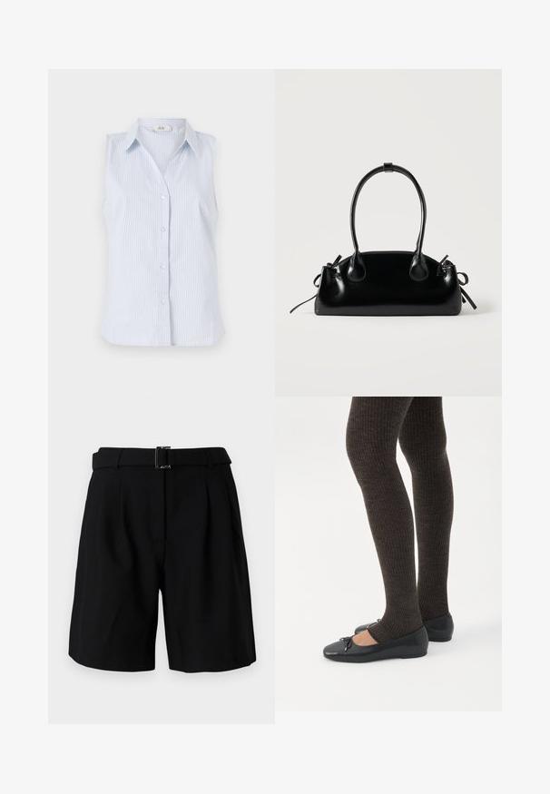 Mouwloos blauw-wit gestreept shirt met een kraag, knoopsluiting en een rechte zoom. Gemaakt van lichte stof.; Zwarte op maat gemaakte shorts met een gladde textuur, voorzien van een brede tailleband en een metalen gespdetails. Gestructureerd ontwerp met een geplooid front.; Benen met donkere geribbelde leggings gecombineerd met zwarte ballerina's met kleine strikdetails op een witte achtergrond.; Kleine zwarte glanzende handtas met twee lange hengsels en zijkant trekkoord details op een effen lichte achtergrond.