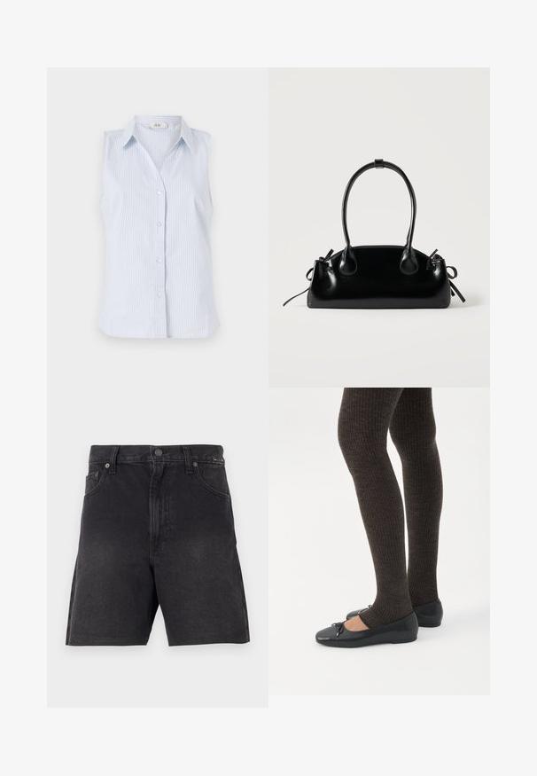Sømløs blå og hvid stribet skjorte med krave, knaplukning og lige kant. Fremstillet af letvægtsstof.; Sorte denimshorts med lige snit, der har en knaplukning, frontlommer og et tekstureret stof. Minimalistisk design uden synlige mønstre.; Ben iført mørke ribbede leggings kombineret med sorte balletsko med små sløjfedetaljer på hvid baggrund.; Lille sort blank håndtaske med to lange håndtag og snøre-detaljer i siden på en ensfarvet lys baggrund.