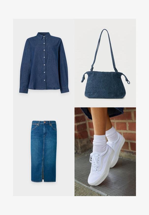 Dunkelblaue Denim-Hemd mit langen Ärmeln, Knopfverschluss vorne, spitzen Kragen, einer Brusttasche und Knopfmanschetten.; Denim-Midi-Rock in Dunkelblau mit einem Schlitz vorne, fünf Taschen, oranger Naht und einem gesicherten Bund mit zwei Metallknöpfen.; Weiße Leinensneaker mit Gummisohlen, ausgestattet mit sechs Ösen, runder Zehenpartie und dezenten Nähten, kombiniert mit weißen Knöchelsocken.; Dunkelblaue Denim-Schultertasche mit verknoteten Trägerenden und schlichter rechteckiger Form vor weißem Hintergrund.