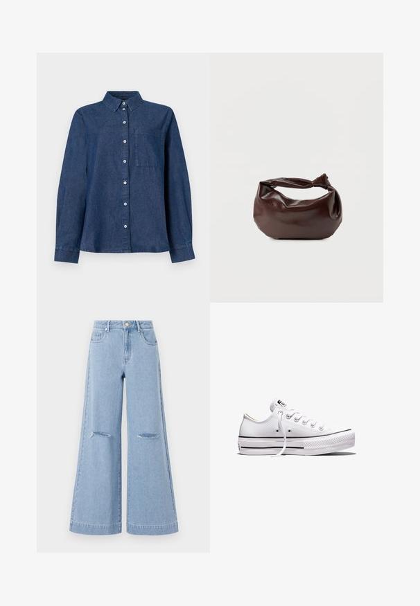 Dunkelblaue Denim-Hemd mit langen Ärmeln, Knopfverschluss vorne, spitzen Kragen, einer Brusttasche und Knopfmanschetten.; Helle blaue Schlagjeans mit hoher Taille, ausgestattet mit zwei vorderen Taschen und zwei Rissen an den Knien, aus Denim-Material gefertigt.; Weißer Sneaker aus Segeltuch mit niedrigem Schnitt, weißen Schnürsenkeln, Gummisohle, schwarzen Streifendetails und Logopatch auf der Zunge und Ferse.; Dunkelbraune Lederschultertasche mit weicher, lockerer Form und einem gedrehten Knotengriff vor schlichtem weißem Hintergrund.