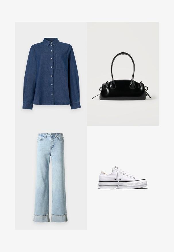 Dunkelblaue Denim-Hemd mit langen Ärmeln, Knopfverschluss vorne, spitzen Kragen, einer Brusttasche und Knopfmanschetten.; Hellblaue Jeans aus Denim mit weitem Bein, ausgefransten Säumen und dekorativer Strassverzierung an den Bündchen. Standardmäßiges Fünf-Taschen-Design.; Weißer Canvas-Sneaker in niedriger Ausführung mit weißen Schnürsenkeln, schwarzen Streifen an der Sohle und gummiertem, strukturiertem Zehenschutz, Seitenansicht vor weißem Hintergrund.; Kleine schwarze glänzende Handtasche mit zwei langen Griffen und seitlichen Kordelzug-Details vor einfachem hellem Hintergrund.