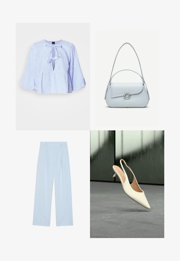 Modrá a biela blúzka s gingham vzorom, dlhými zvonovými rukávmi, viazaním pri výstrihu a nazhŕňaným peplum lemom. Ľahký materiál, neformálny dizajn.; Svetlomodré široké nohavice s dvoma prednými skladmi, dvoma gombíkmi na páse a hladkou textúrou látky.; Béžová dámska slingback topánka s bodcovým nosom a nízkym ihličkovým podpätkom, ktorá vznáša nad sivou podlahou na rozmazanom tmavom pozadí.; Svetlomodrá kožená kabelka s guľatou klopou, strieborným okrúhlym zapínaním a dvoma ramennými popruhmi na jednoduchom pozadí.
