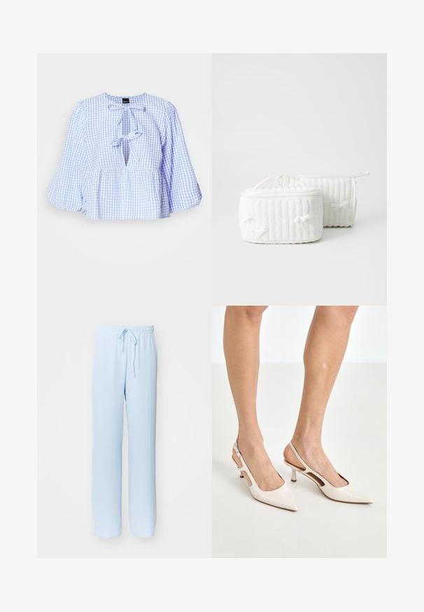 Modrá a biela blúzka s gingham vzorom, dlhými zvonovými rukávmi, viazaním pri výstrihu a nazhŕňaným peplum lemom. Ľahký materiál, neformálny dizajn.; Svetlomodré, voľné nohavice s elastickým pásom a nastaviteľnou šnúrkou; vyrobené z jemnej, priedušnej látky s hladkou textúrou.; Bežové lakované lodičky na podpätku so špicatou špičkou a 5 cm podpätkom, s výrezmi po stranách a tenkým remienkom okolo členka.; Dva biele textilné kozmetické tašky, jedna obdĺžniková s vrchnou rukoväťou, s rebrovanou textúrou a malými mašličkami po stranách. Druhá je valcová.