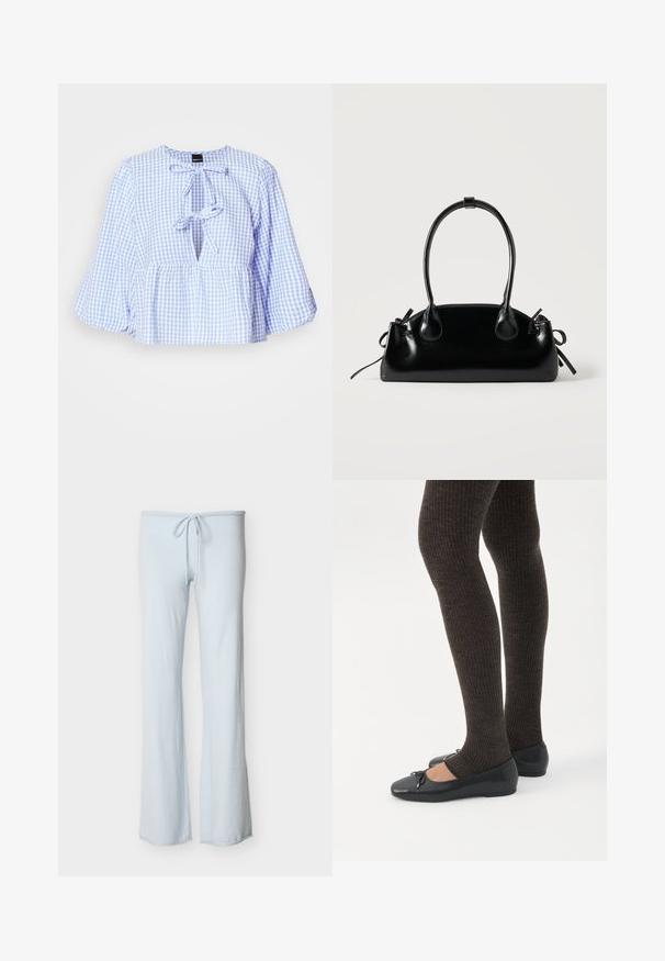 Sinine ja valge ruuduline blousee pikkade kellukesevarrukatega, lipsuga kaeluses ja volangiga peplum äärega. Kergekangas, juhuslik disain.; Hele sinist värvi paelaga püksid, sirge lõikega ja pehme kangatekstuuriga, esitatud lihtsal taustal.; Jalad seljas tumedad soonelises soonelises kombines mustade baleriinadega, millel on väikesed paelade detailid valgel taustal.; Väike must läikiv käekott kahe pika sangaga ja külgedel paelakinnitustega, ühel lihtsal helel taustal.