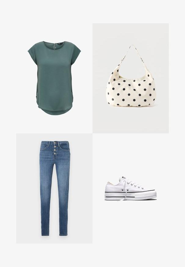 Haut vert à manches courtes en tissu texturé. Présente un col rond et une fermeture éclair discrète au dos, avec un ourlet légèrement arrondi.; Jean skinny en denim bleu moyen, avec une taille haute, une braguette à cinq boutons, et un délavage ou un effet usé minimal.; Baskets basses en toile blanche avec lacets blancs, bandes noires sur la semelle et embout en caoutchouc texturé, vue de côté sur fond blanc.; Sac à main en tissu crème avec des pois noirs et une seule bandoulière, présenté sur un fond blanc uni.