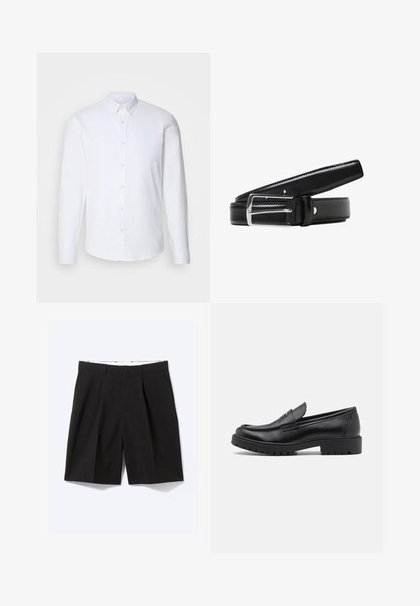 Weißes Hemd mit langen Ärmeln und Knopfleiste aus glattem Stoff, mit klassischem Kragen, acht Knöpfen auf der Vorderseite und normalen Manschetten.; Schwarze, maßgeschneiderte knielange Shorts mit Gürtelschlaufen, Seitentaschen, Knopfverschluss und vorderen Falten, flach auf weißem Hintergrund ausgelegt.; Schwarze Lederloafers mit runder Zehenform, eleganter Schlupfdesign und dicker Gummisohle mit strukturiertem Griff. Erhöhter Absatz und dezente Nähdetails.; Schwarzer Leder-Gürtel mit einer glänzenden silbernen Metallschnalle, glatter Textur und mehreren Einstelllöchern entlang des Riemens.