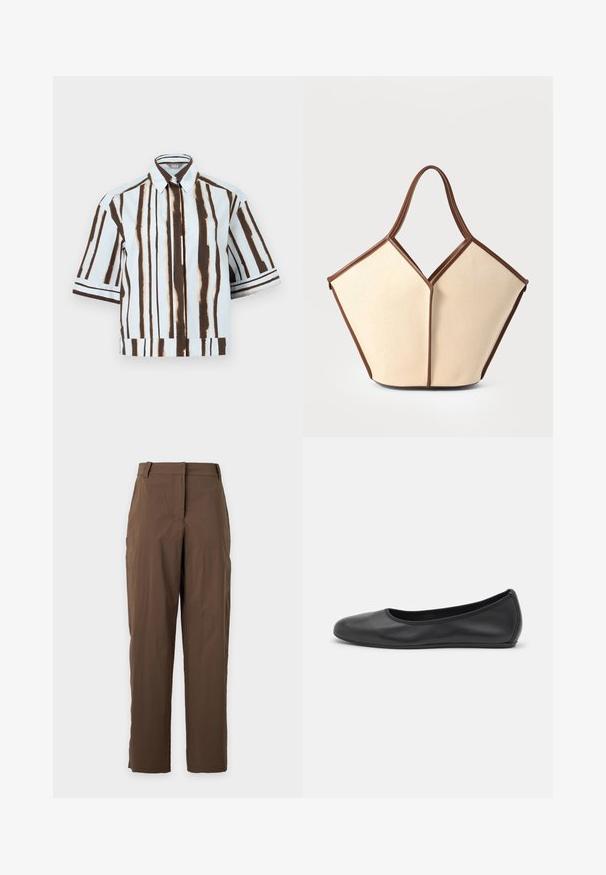 Chemise à manches courtes avec boutons, rayures verticales marron et blanches, col et coupe décontractée sur fond uni.; Pantalon marron à jambe droite avec passants de ceinture et fermeture sur le devant, présenté sur un fond clair uni.; Ballerines en cuir noir avec un bout rond, texture lisse, détails de couture minimalistes et design de semelle flexible.; Sac en toile avec un corps crème et des accents en cuir marron. Le design présente une ouverture en V unique et deux poignées courbées.