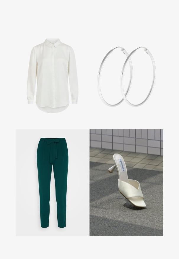 Camisa blanca de manga larga con cuello clásico, que presenta una textura suave y cierre de botones. Dobladillo redondeado y mangas ligeramente abullonadas.; Pantalones de tela suave en verde oscuro, con un cinturón atado en la cintura, corte ajustado y perneras estrechas sin patrones visibles.; Mule blanco de Steve Madden con puntera abierta y tacón de bloque descansando sobre asfalto gris cerca de una pared con azulejos.; Pendientes de aro en tono plateado con forma redonda y un acabado pulido. Ambos pendientes son del mismo tamaño y cuentan con un mecanismo de cierre seguro.