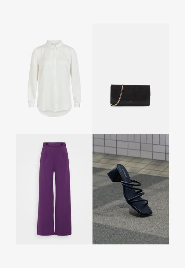 Camisa blanca de manga larga con cuello clásico, que presenta una textura suave y cierre de botones. Dobladillo redondeado y mangas ligeramente abullonadas.; Pantalones de pierna ancha en un vibrante color púrpura, confeccionados en una tela suave con una cintura ajustada que cuenta con dos botones negros y pliegues en la parte frontal.; Sandalia negra con punta cuadrada, tres tiras finas y tacón grueso sobre pavimento cerca de pared de azulejos.; Bolso de mano negro hecho de ante con un acabado texturizado, que presenta una cadena dorada y un diseño elegante y angular.