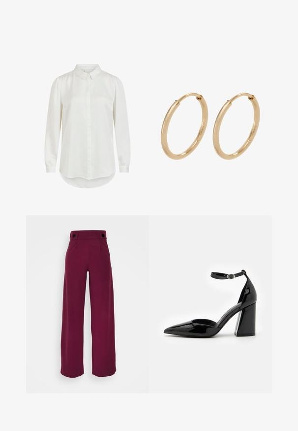 Witte blouse met lange mouwen en een klassieke kraag, met een gladde textuur en knoopsluiting. Rond gemaakte zoom en licht gepofte mouwen.; JDY Tall JDYGEGGO NEW LONG PANT JRS NOOS - Broek - windsor wine; Zwarte lakleren hoge hak met een spitse neus, enkelbandje en brede blokhak voor stabiliteit, met een gladde glanzende textuur.; Gouden creolen met een gladde, gepolijste afwerking. Ronde vorm, middelgrote maat, met een veilige sluitmechanisme.