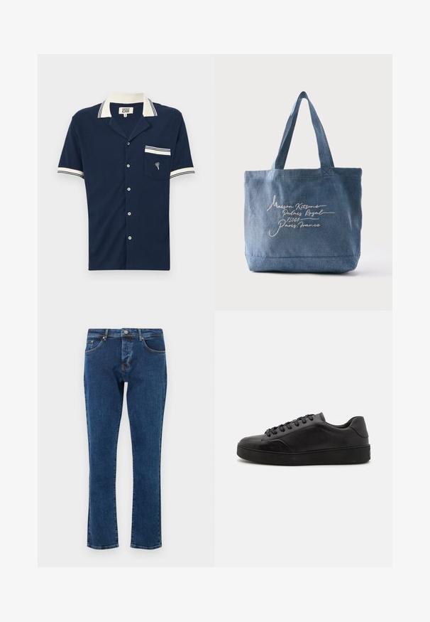 Maritim kortærmet skjorte med krave, hvide stribede detaljer på kraven og ærmerne, tekstureret stof og en brystlomme med en broderet design.; Mørkeblå denimjeans med et lige ben-design, fem lommer og en metalknap i taljen. Glat tekstur med minimal falmning.; Sorte lædersneakers med rund tå, flad sål og traditionel snøring. Har en glat tekstur og diskrete detaljer på siden.; Blå denim-tote-taske med to håndtag, med hvid kursiv tekst, der lyder "Maison Kitsuné Palais Royal 75001 Paris, Frankrig."