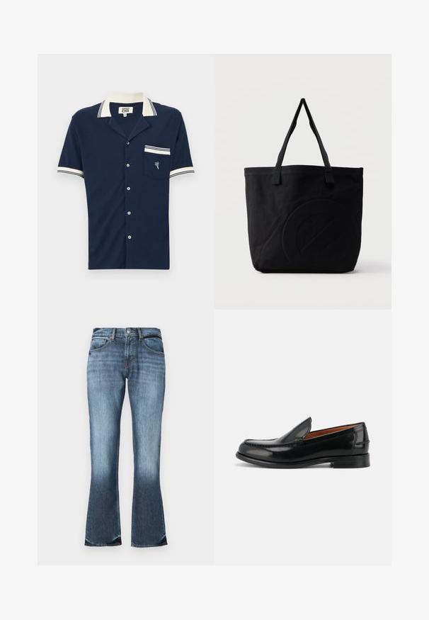 Marineblaues Kurzarmhemd mit Kragen, weißen gestreiften Akzenten am Kragen und den Ärmeln, strukturiertem Stoff und einer Brusttasche mit gesticktem Design.; Blaue Jeans mit Schlag, mittelhoher Taille, fünf Taschen und subtilen Ausbleichungen für einen used Look. Glatte Textur über das gesamte Material.; Schwarzer polierter Leder-Slipper mit niedrigem Absatz und gesteppten Details entlang der Spitze und Seiten, aus der Seitenansicht.; Schwarze Canvas-Shopper-Tasche mit zwei Schulterriemen und einem dezenten, eingeprägten kreisförmigen Design auf der Vorderseite.