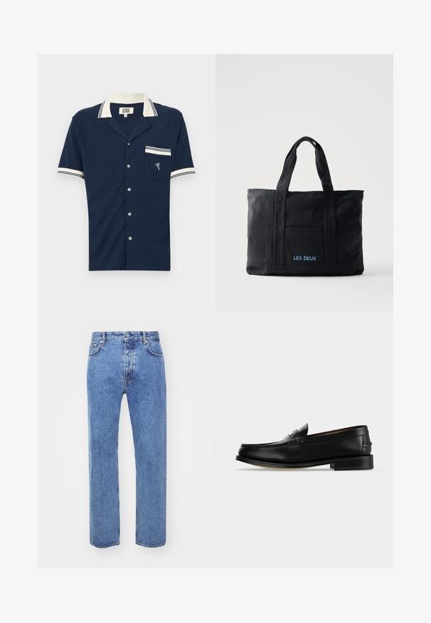 Marineblaues Kurzarmhemd mit Kragen, weißen gestreiften Akzenten am Kragen und den Ärmeln, strukturiertem Stoff und einer Brusttasche mit gesticktem Design.; Won Hundred STEVE - Jeans Relaxed Fit - cut blue; Schwarzer Leder-Herrenschuh (Loafer) mit niedrigem Absatz und Mokassin-artiger Naht am Zehenbereich, seitlich auf einfarbigem Hintergrund dargestellt.; Schwarze Canvas-Tragetasche mit zwei Henkeln, Fronttasche und „LES DEUX“ in Blau auf der Fronttasche bestickt.