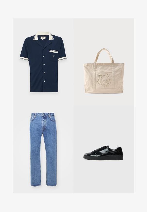 Maritim kortærmet skjorte med krave, hvide stribede detaljer på kraven og ærmerne, tekstureret stof og en brystlomme med en broderet design.; Won Hundred STEVE - Jeans Relaxed Fit - cut blue; Sorte laklæder sneakers med rund tå, snørredesign, tekstureret gummisål og en glat overflade.; Beige lærredsnettaske med dobbelte håndtag og et præget ulvehoveddesign på forlommen.