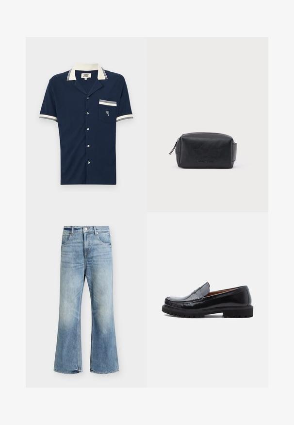 Marineblaues Kurzarmhemd mit Kragen, weißen gestreiften Akzenten am Kragen und den Ärmeln, strukturiertem Stoff und einer Brusttasche mit gesticktem Design.; Hellblaue High-Waist-Jeans mit weitem Bein, Frontknopf- und Reißverschluss, zwei Vordertaschen und dezenter Ausbleichung an Oberschenkeln und Knien.; Schwarze Leder-Penny-Loafer mit strapazierfähiger Gummisohle und Mokassin-Stich, seitlich auf einem weißen Hintergrund dargestellt.; Schwarze, rechteckige Leder-Kosmetiktasche mit Reißverschluss und geprägt eingraviertem Markennamen auf der Vorderseite, vor einem schlichten weißen Hintergrund.