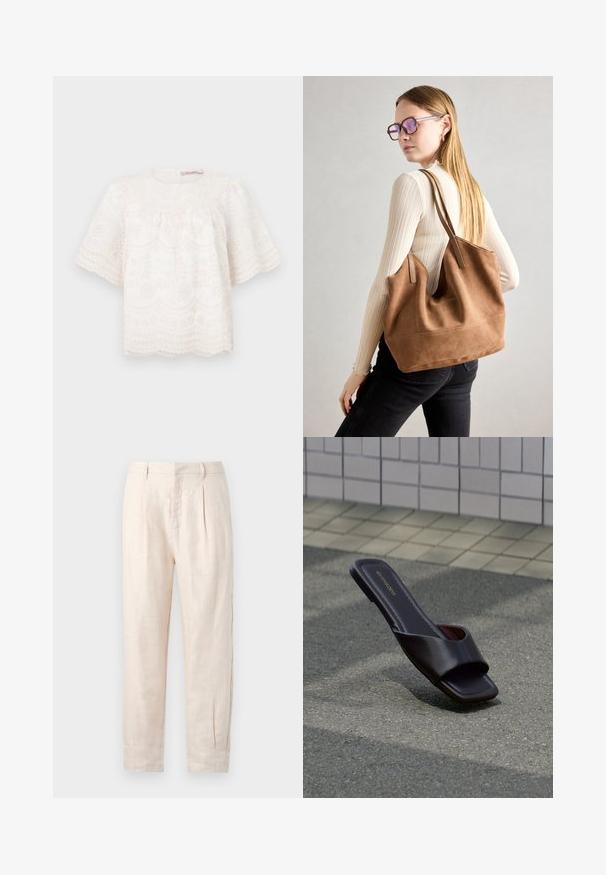 Blusa blanca bordada con mangas cortas y abullonadas, dobladillo en forma de scallop y patrones florales en toda la prenda. Tejido suave y texturizado. Cuello redondo.; Pantalones de lino beige claro con corte recto, que presentan dos pliegues frontales, bolsillos laterales y una superficie ligeramente texturizada.; Sandalia tipo slide de cuero marrón oscuro con punta cuadrada y tiras anchas, descansando sobre asfalto gris cerca de una acera adoquinada.; Bolso de tote de ante marrón con textura suave, gran abertura y asas largas. Presenta un diseño sencillo con costuras visibles y sin herrajes.