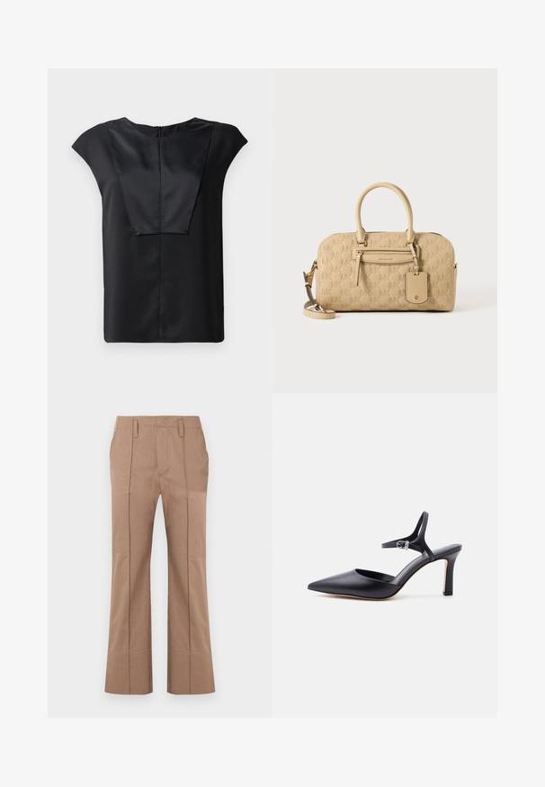 Haut noir à manches courtes en tissu lisse, doté d'un décolleté large, d'un design rectangulaire sur le devant et d'une fermeture éclair discrète au dos.; Pantalon beige droit avec plis devant, passants de ceinture et taille haute, présenté sur fond blanc.; Escarpin noir à bout pointu avec fine bride à la cheville et boucle argentée, finition en cuir lisse, chaussure élégante pour femme.; Sac à main beige Michael Kors avec motif MK embossé, doubles poignées, poche avant zippée et bandoulière amovible sur fond blanc.