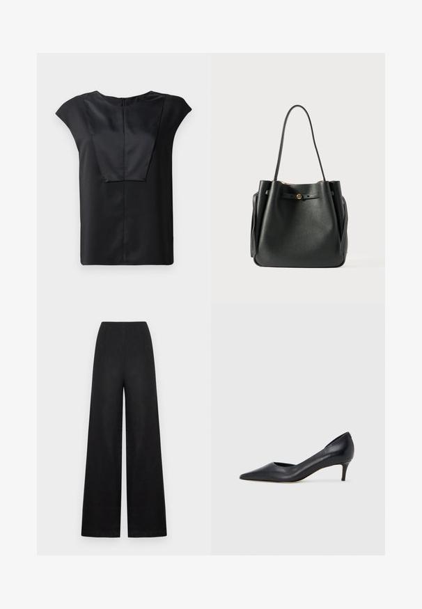 Haut noir à manches courtes en tissu lisse, doté d'un décolleté large, d'un design rectangulaire sur le devant et d'une fermeture éclair discrète au dos.; Pantalon noir à jambes larges en lin avec une texture lisse, présentant une taille haute, des plis à l'avant, sans éléments ou accessoires visibles.; Escarpin en cuir noir avec un bout pointu et un talon bas. Présente une texture lisse et un éclat subtil. Découpe ouverte à l'avant pour un détail supplémentaire.; Sac fourre-tout en cuir noir avec une finition texturée, doté de deux longues poignées et d'un détail de fermeture à bouton doré à l'avant.