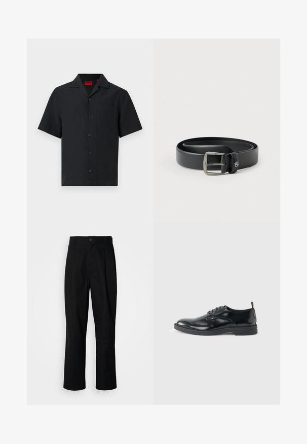 Chemise noire à manches courtes avec boutons, col pointu et poche poitrine, en tissu subtilement texturé avec une étiquette intérieure rouge.; Pantalons noirs à jambes droites avec une taille à bouton, passants de ceinture et pli avant, présentés sur un fond blanc uni.; Chaussure habillée en cuir noir brillant avec un petit talon, fermeture à lacets et bout rond, vue de côté sur un fond uni et clair.; Ceinture en cuir noir avec une boucle en métal argenté brillante, texture lisse et bords cousus. Dispose d'une boucle pour fixer l'extrémité de la ceinture.