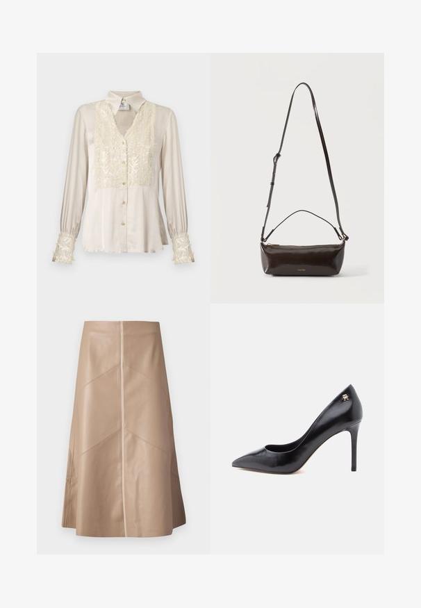 Blouse en satin beige avec un col en V, avant et poignets ornés de paillettes, manches longues, et détails de boutons dorés. Texture lisse, design élégant.; Jupe A-line en simili cuir beige avec des détails de panneaux subtils et une finition mate lisse, longueur genou et taille haute.; Escarpin en cuir noir à talon haut avec un bout pointu, présentant un design ajouré et un petit logo doré sur le talon.; Petit sac à bandoulière en cuir marron foncé brillant avec bandoulière réglable, poignée supérieure et fermeture éclair dorée.