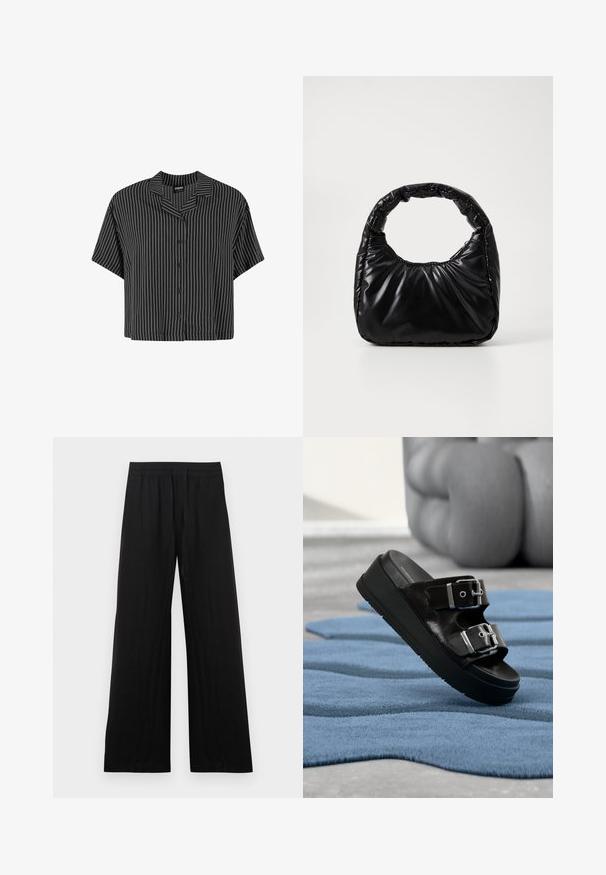 Zwart-wit gestreepte short-sleeve shirt met een ingeënte kraag en knoopsluiting, met een boxy pasvorm en lichtgewicht stof.; Zwarte wijde broek gemaakt van katoenen stof. Voorzien van een elastische tailleband en een gladde, gestructureerde afwerking. Geen zichtbare patronen of accenten.; Zwarte slidesandaal met twee zilveren gespen, plateausoel, geplaatst op een gestructureerd blauw kleed met vervaagde beige meubels op de achtergrond.; Zwarte gevoerde handtas met een ronde handgreep, met een gladde, glanzende oppervlakte en een zachte, gewatteerde textuur. Geen zichtbare metalen onderdelen of accenten.