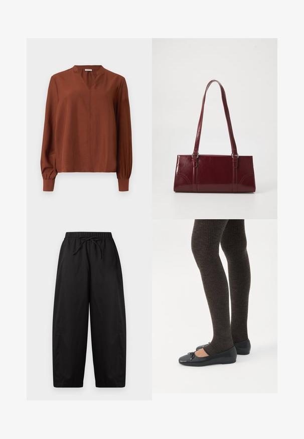 Blouse à manches longues de couleur rouille avec un décolleté en V, des manches bouffantes froncées et un léger éclat. Tissu doux et léger avec une coupe décontractée.; Pantalon large noir avec taille élastique et cordon de serrage, longueur raccourcie, design simple, sans poches apparentes ni motifs.; Jambes portant des leggings côtelés foncés associés à des ballerines noires avec de petits détails en nœud sur fond blanc.; Sac à main bordeaux en matériau brillant, de forme rectangulaire, avec deux anses et des accents légèrement courbés à l'avant.
