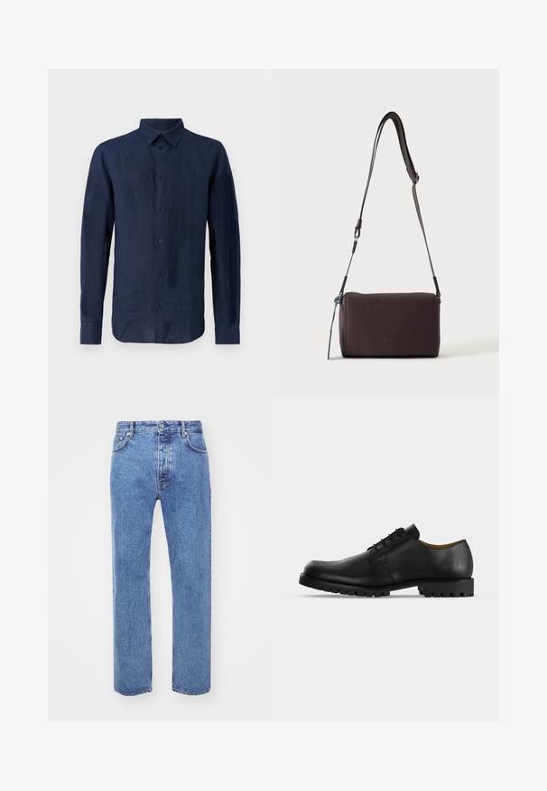Chemise à manches longues bleu marine en lin. Présente un col classique, une patte de boutonnage sur le devant et un tissu texturé avec une coupe décontractée.; Won Hundred STEVE - Jean boyfriend - cut blue; Chaussure de ville noire en cuir à lacets avec une semelle épaisse et rainurée et un petit talon, présentée sur fond blanc.; Sac bandoulière en cuir marron foncé texturé avec une sangle réglable et un petit accent décoratif bleu sur le côté.
