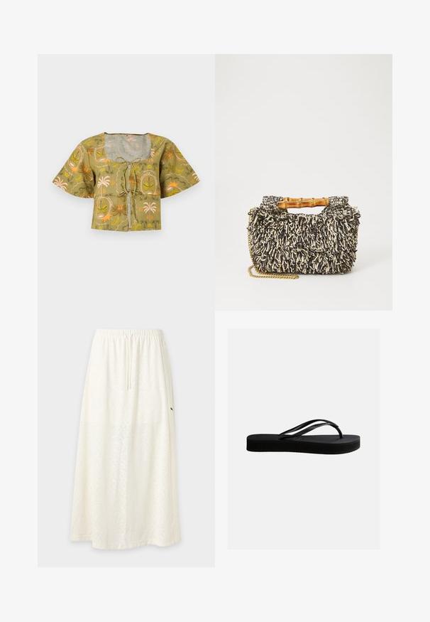 Blouse courte à manches courtes avec imprimé tropical vert, encolure carrée et nouage à l'avant sur fond uni.; Longue jupe blanche ample avec un motif floral subtil, taille élastique avec cordon de serrage et petit logo noir sur le côté droit.; Tongs en caoutchouc noir avec semelle texturée et bride en forme de Y, vues de côté sur un fond clair uni.; Sac tissé avec un motif texturé noir et crème, une poignée en bambou et une bandoulière en chaîne dorée amovible. Forme rectangulaire compacte.