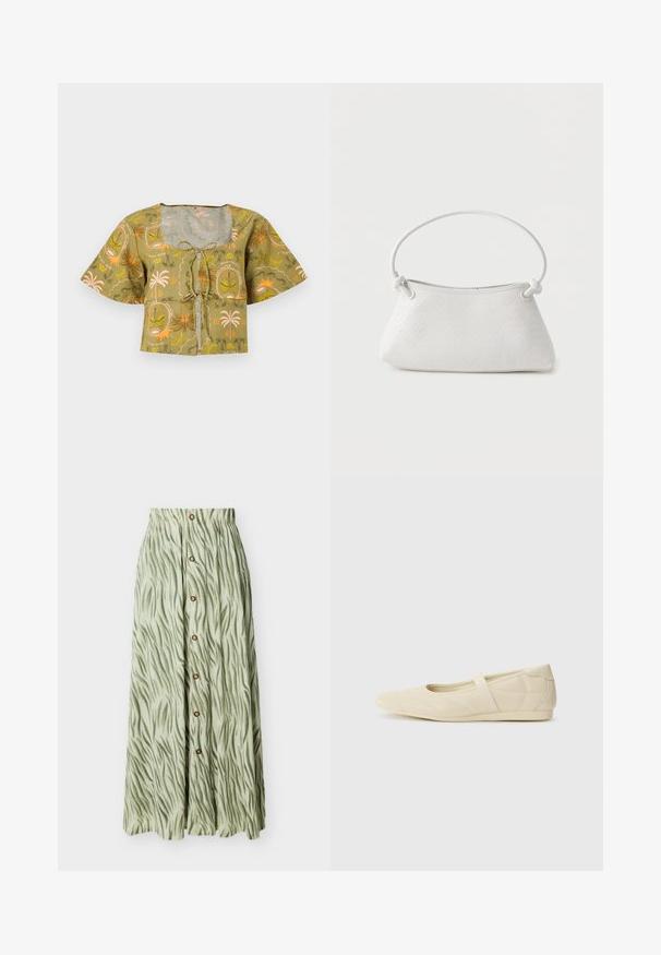 Blouse courte à manches courtes avec imprimé tropical vert, encolure carrée et nouage à l'avant sur fond uni.; Jupe longue vert clair avec des rayures abstraites vert foncé, fermeture à boutons sur le devant et taille élastique froncée.; Ballerines beiges avec une exterior en cuir lisse, un bout en forme d'amande et une sangle élastique sur le coup de pied, avec des détails de couture subtils.; Sac à main en cuir tressé blanc avec poignée arrondie et extrémités de lanière nouées, présenté sur un fond uni.