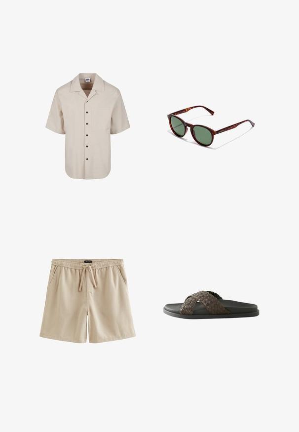 Chemise beige à manches courtes texturée avec boutons noirs et poche poitrine, avec un large col.; Shorts décontractés beige avec taille élastique, cordon de serrage, poches latérales et ourlet droit simple.; Sandale pour homme à enfiler avec semelle noire et brides croisées en cuir tressé marron.; Lunettes de soleil en écaille de tortue marron avec des montures arrondies, des verres verts et des branches à motifs. Présente le logo de la marque sur une branche.