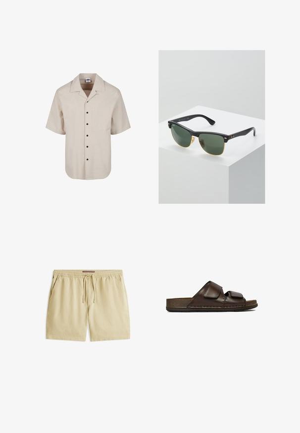 Chemise beige à manches courtes texturée avec boutons noirs et poche poitrine, avec un large col.; Shorts décontractés beige avec taille élastique et cordon de serrage, poches avant et un petit logo au centre.; Sandale à enfiler en cuir marron foncé avec deux brides Velcro réglables et une semelle épaisse texturée.; Lunettes de soleil Ray-Ban avec des verres verts, monture en plastique noir et accents dorés sur les bords. Forme carrée avec une finition mate.