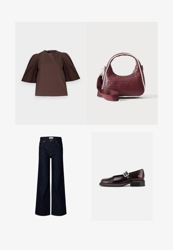 Blouse marron avec manches courtes bouffantes et col rond, présentée sur un fond gris clair uni.; Jean en denim bleu foncé à jambes larges avec bouton et fermeture éclair à l'avant, passants de ceinture et poches avant, présenté sur fond blanc.; Chaussure Mary Jane unique brillante couleur bordeaux foncé avec une large bride et une boucle argentée, talon bloc bas et bout arrondi sur fond blanc.; Sac à main en cuir tressé marron foncé avec poignée courbée, garniture blanche, fermeture éclair argentée et bandoulière large en tissu amovible sur fond uni.