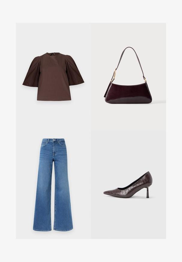 Blouse marron avec manches courtes bouffantes et col rond, présentée sur un fond gris clair uni.; Jean en denim bleu taille haute avec jambes larges, fermeture avant à boutons et fermeture éclair, ainsi que poches avant et arrière.; Escarpins à bout pointu en similicuir marron avec une texture crocodile, dotés d’un talon fin et angulaire ainsi que d’une doublure intérieure lisse.; Sac à main en cuir brun foncé brillant avec une bandoulière simple et des détails en métal doré sur un fond uni.