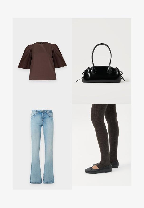Blouse marron avec manches courtes bouffantes et col rond, présentée sur un fond gris clair uni.; Jeans en denim bleu clair avec une taille haute, bouton et fermeture éclair à l'avant, cinq poches et jambes évasées sur un fond uni.; Jambes portant des leggings côtelés foncés associés à des ballerines noires avec de petits détails en nœud sur fond blanc.; Petit sac à main noir brillant avec deux longues anses et des détails à cordon sur les côtés sur un fond clair uni.