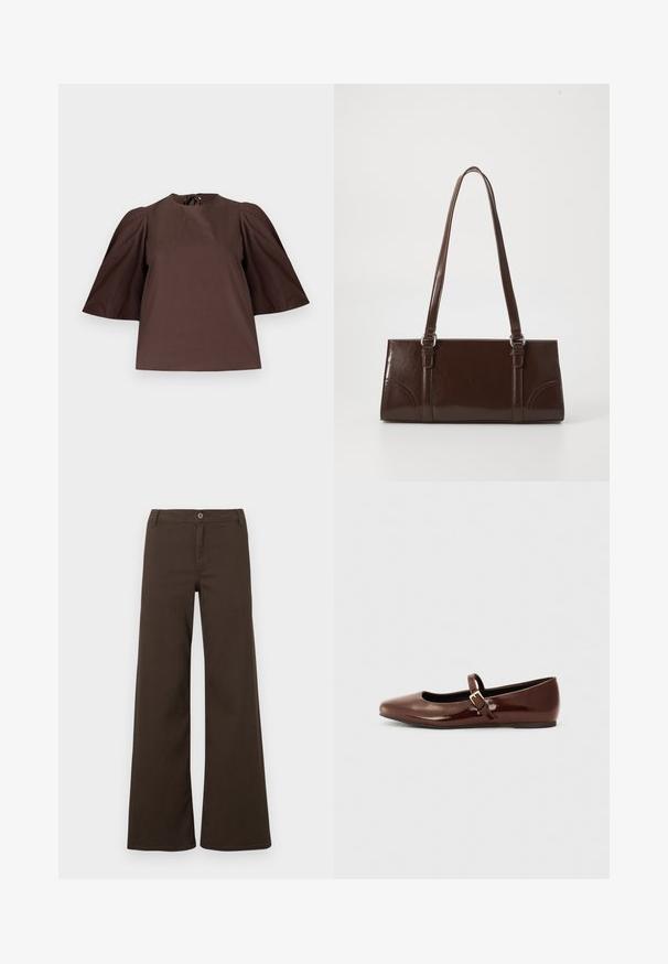 Blouse marron avec manches courtes bouffantes et col rond, présentée sur un fond gris clair uni.; Pantalons larges taille haute marron foncé avec fermeture à bouton et passants de ceinture, présentés sur un fond blanc uni.; Ballerine en cuir verni marron avec un bout carré et une lanière ornée d'une petite boucle dorée. Texture lisse, talon bas et design minimaliste.; Sac à main en cuir verni marron de forme rectangulaire, avec deux longues poignées et des accents courbés subtils à l'avant.