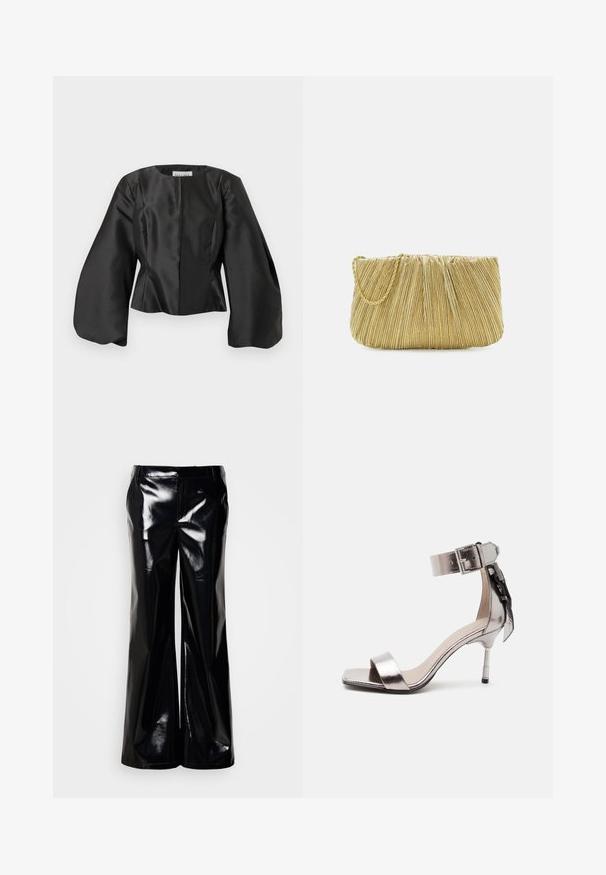 Veste courte en satin noir avec un col rond, un corps structuré et des manches larges et volumineuses ; détails avec une couture centrale.; Pantalon noir à jambes larges en matériau brillant et lustré ; présente une texture lisse et une taille ajustée sans fermetures ni ornements visibles.; Sandale à talon ouvert en argent métallisé avec bride à la cheville et boucle, ornée d'un nœud décoratif à l'arrière.; Loeffler Randall BRIT PLEATED FLAT - Pochette - gold-coloured