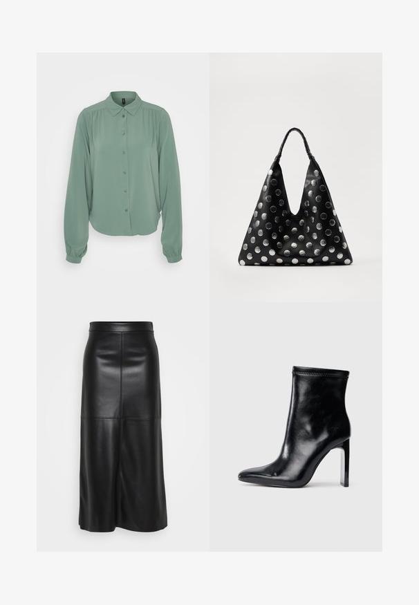 Blusa de manga larga verde claro con cierre de botones en el frente, cuello, detalles fruncidos en los hombros y puños elásticos. Textura de tela suave.; Falda de cuero negro con una textura suave, diseño hasta la rodilla, que presenta costuras verticales y una abertura delantera para facilitar el movimiento.; Botín de cuero negro hasta el tobillo con punta afilada y tacón transparente alto. Textura suave y detalles mínimos de costura en la parte superior.; Bolso de cuero negro con forma triangular, adornado con puntos metálicos plateados y un asa texturizada. Acabado suave en general.