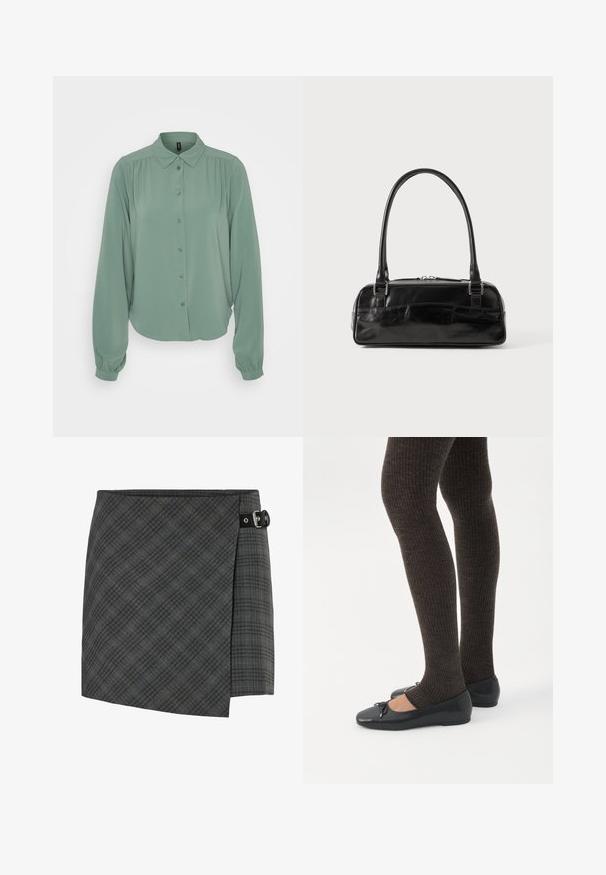 Hele roheline, pika varrukaga blouse, millel on nööbid ees, krae, kogutud detailid õlgadel ja elastsed mansetid. Sile kangas.; Tumehall vöötkoodiga villane sviiterihm paremal küljel musta pandlaga, sirge äärega ja peente diagonaalsete joonte mustriga.; Jalad seljas tumedad soonelises soonelises kombines mustade baleriinadega, millel on väikesed paelade detailid valgel taustal.; Must must beebkott, millel on ristkülikuline kuju, ühekordne tahke käepide, hõbedased detailid ja lukuga sulgemine. Sile tekstuur.