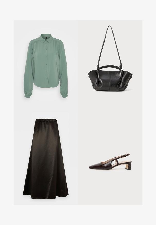 Blusa de manga larga verde claro con cierre de botones en el frente, cuello, detalles fruncidos en los hombros y puños elásticos. Textura de tela suave.; Falda línea A de satén negro con cintura elástica y textura lisa, ligeramente brillante, mostrada sobre fondo blanco.; Zapato slingback de cuero con textura de cocodrilo en marrón oscuro, puntera puntiaguda, tacón bajo de bloque y correa ajustable con hebilla dorada.; Bolso de piel negra con un acabado texturizado, suaves pliegues, asas dobles y un detalle de mango trenzado. Compacto, con un diseño de parte superior abierta.