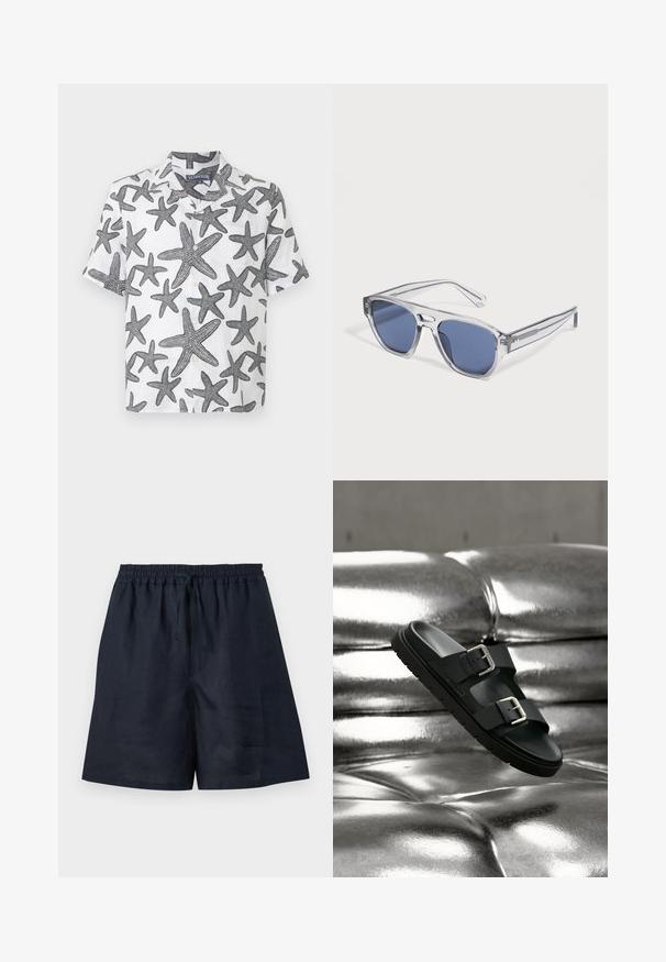 Chemise à manches courtes en tissu blanc avec des motifs d'étoiles de mer noirs. Patte de boutonnage et design de col. Matériau en lin léger.; Shorts bleu marine décontractés avec taille élastique et cordon, tissu léger, longueur genou et coupe droite.; Sandale noire à semelle glissante avec deux boucles réglables flottant au-dessus d'une surface capitonnée argentée métallique et brillante.; Lunettes de soleil à monture transparente avec des verres rectangulaires teintés bleus reposant sur une surface blanche.