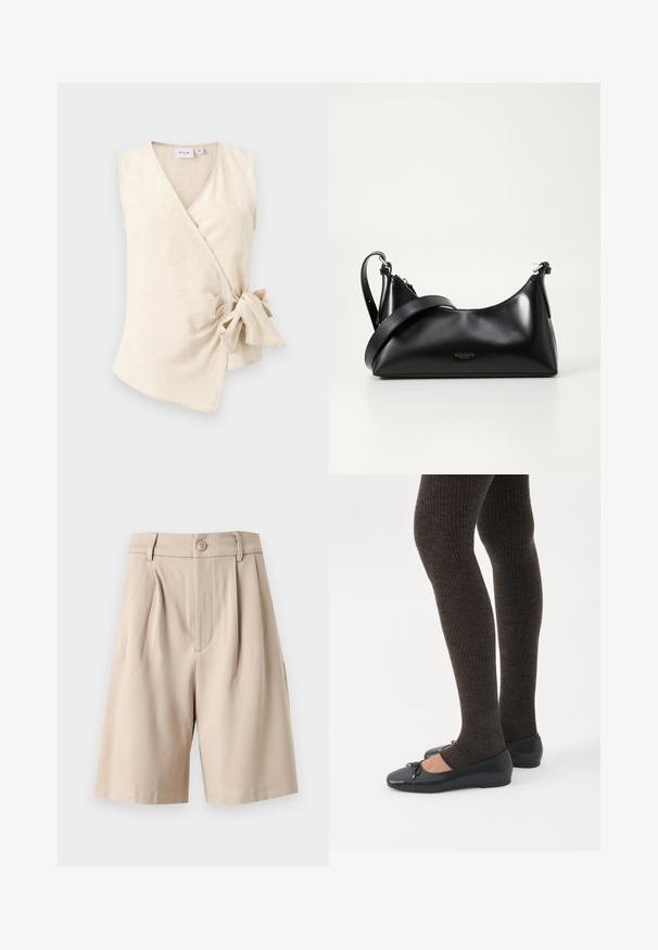 Haut sans manches beige portefeuille avec col en V et détail de lien sur le côté, en tissu doux et léger avec une texture subtile.; Shorts beige taille haute cintrés avec plis, passants pour ceinture, fermeture avant par bouton et ourlet à hauteur des genoux sur fond blanc.; Jambes portant des leggings côtelés foncés associés à des ballerines noires avec de petits détails en nœud sur fond blanc.; Sac à main en cuir noir avec une texture lisse. Dispose d'une bandoulière adjustable et d'un design élégant et minimaliste avec une fermeture éclair.