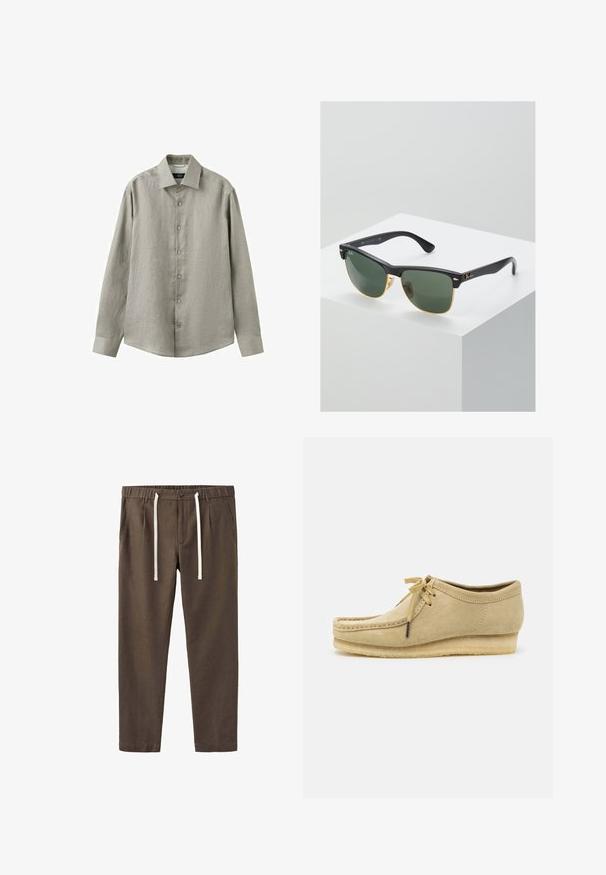 Chemise à manches longues gris clair avec col, patte de boutonnage frontale et poignets boutonnés, présentée sur un fond blanc.; Pantalon marron à jambes droites avec bouton devant, fermeture éclair, poches latérales, passants de ceinture et cordon blanc à la taille.; Chaussure en daim beige avec un design à lacets, des détails cousus et une semelle en caoutchouc. La forme est décontractée avec un léger talon compensé.; Lunettes de soleil Ray-Ban avec des verres verts, monture en plastique noir et accents dorés sur les bords. Forme carrée avec une finition mate.