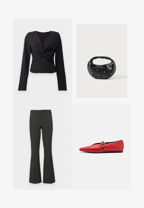 Haut noir à manches longues avec un design enveloppant, présentant un devant torsadé et une texture lisse. Conçu en tissu extensible pour un look ajusté.; Pantalons évasés vert foncé avec une texture côtelée, taille haute et détails de couture à l'avant. Conçus pour une silhouette ajustée.; Ballerine en cuir rouge avec une pointe pointue, comportant une lanière sur le côté avec une boucle en métal et un petit talon noir. Texture lisse sur l'ensemble.; Sac à main en cuir noir de forme arrondie, décoré de clous argentés et équipé d'une poignée courte. Texture lisse et fermeture éclair.